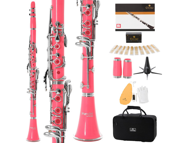 Ebonite Bb Clarinet Kit with 2 Barrels - Pink B Flat Clarinet Kit with 2 Barrels, 10 Reeds, Mouthpiece, Stand, Hard Case, Pocketbook, Cork...