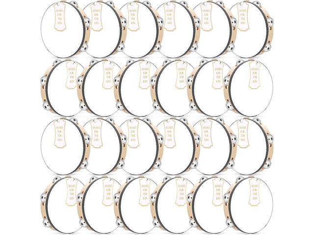 24 Set 8 Inch Tambourine for Adults Wooden Hand Held Drum with Metal Jingles, Gift Tags, White I Love You Printed Ribbon Percussion Gift Musical...