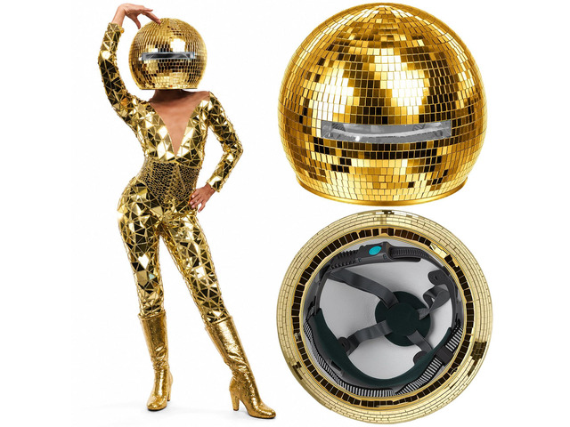 11.81 Inch Disco Ball Helmet Adult Gold Glitter Glass Hat Novelty Punk Disco Ball Costume Cosplay for Nightclubs Parties Bar Djs Stage