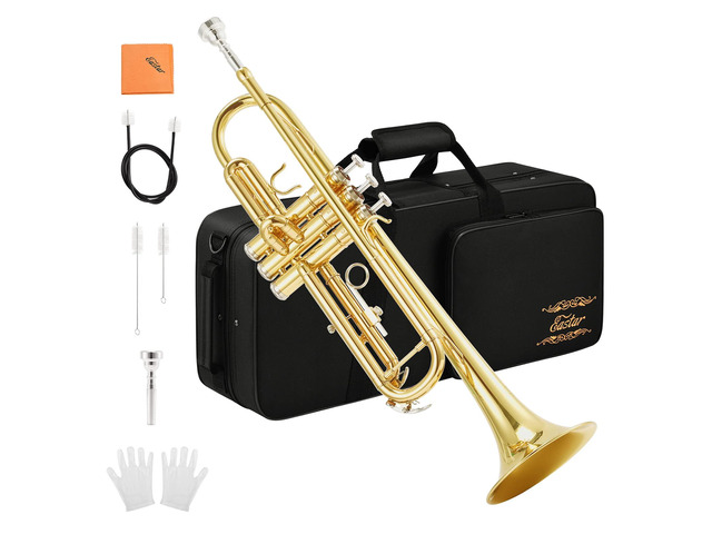 Bb Standard Trumpet Set for Beginner, Brass Student Trumpet Instrument with Hard Case, Cleaning Kit, 7C Mouthpiece and Gloves, ETR-380, Golden