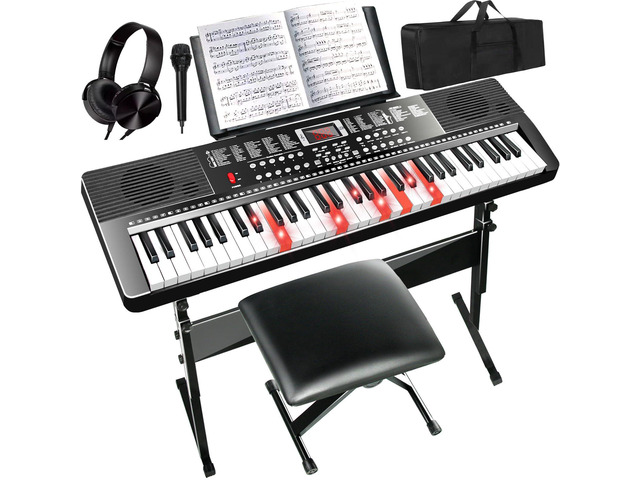 61 Key Electric Keyboard Piano for Beginners w/Light-Up Keys, Gifts, Full Set: Stand, Bench, Headphones, Padded Bag, Note Stickers, 70 Demos, 200...