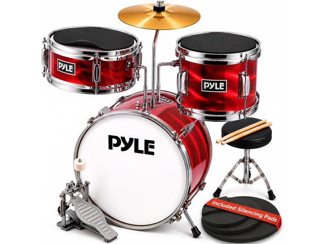 Kids Drum Set, 3 Piece Beginner Junior Drummer Kit with 13' Bass Drum, Snare, Tom, Cymbal, Adjustable Throne, Mutes, Drumsticks, Red
