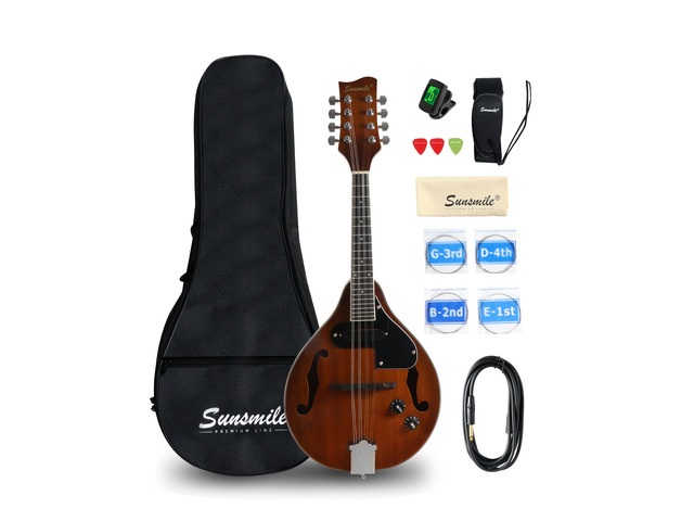 A-Style 8 String Acoustic-Electric Mandolin Instrument with Pickup Sapele Top, Arched F Holes Body, Okoume Neck, Walnut Bridge, Gig Bag, Cable,...