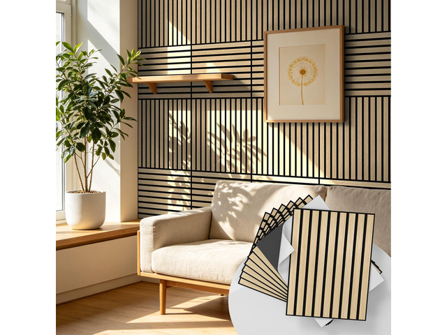 24 Pack Self Adhesive Acoustic Wall Panels in Wood Look 11.8'x15.7' Soundproofing PVC Slats on Felt, Decorative Wall Panels for Living Room &...