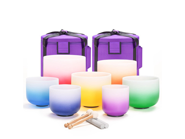 432HZ 6-12 Inch Set of 7 Aria Gradient Design Crystal Singing Bowls Frosted Quartz Singing Bowls with 2 PCS Carry Case Bag for Sound Healing Yoga...