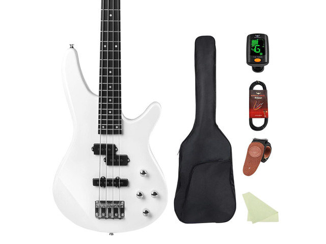 Electric Bass Guitar 4 Strings Full-Size Standard Bass PB-Style Beginner Kit Black for Starter with Gig Bag Guitar Strap and Guitar Cable(PJ-White)