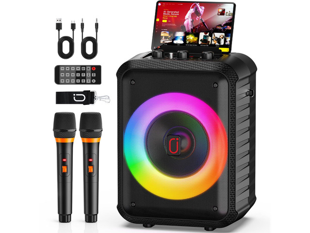 Karaoke Machine, Portable Bluetooth Speaker with 2 Wireless Microphones, RGB Lights, Echo, 40W 5.25' Woofer, Rechargeable, AUX/USB/TF, Mic In, for...