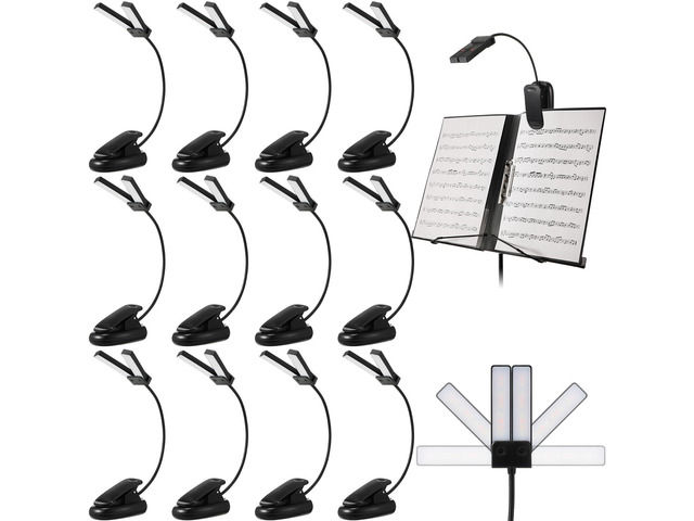 12 Pcs Music Stand Lights Clip on Reading Lights,Double-lamp Style Dual Heads, Book Light in Bed, USB and AAA Battery Operated, LED Lamp, 3...