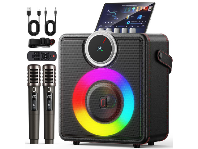 Karaoke Machine with 2 Wireless Microphones, Bluetooth Party Speaker Powerful Bass & Clear Vocals for Karaoke, 24H Portable Entertainment,...
