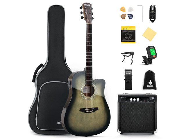 Acoustic Electric Guitar Full Size Kit for Beginner Intermediate with Amplifier Capo Pick Tuner Strings Strap - 41 Inch