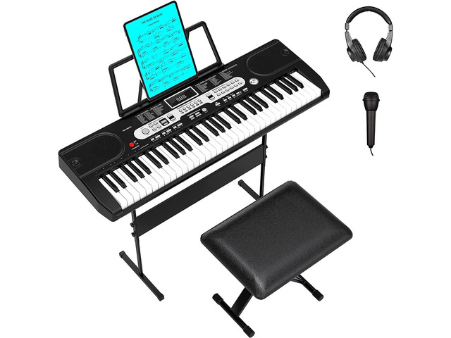 61-Key Electronic Keyboard Piano for Beginners, Complete Home Digital Piano Set with Microphone, Headphones, Adjustable x-Stand, Stool, Sheet Music...