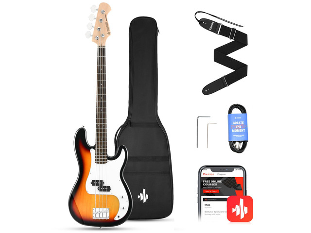 Electric Bass Guitar 4 Strings Full-Size Standard Bass PB-Style Beginner Kit Sunburst for Starter with Free Online Lesson Gig Bag Guitar Strap and...