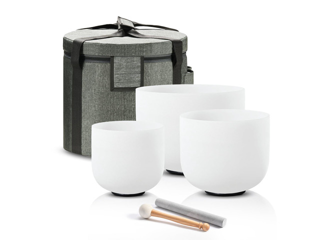 CRYSTAL SINGING BOWLS SET of 3 432HZ 6'A 7'C 8'F Frosted White Quartz Chakra Set of 3 with Carry Case Bag for Sound Healing Yoga and Meditation