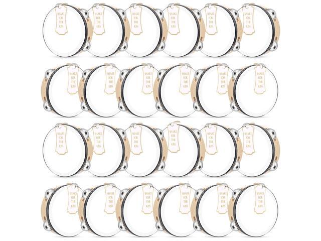 24 Set 6 Inch Tambourine for Adults Wooden Hand Held Drum with Metal Jingles, Gift Tags, White I Love You Printed Ribbon Percussion Gift Musical...
