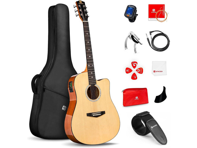 Electric Acoustic Guitar Kit for Beginners Adults Full Size Cutaway Electric Acoustic Guitar Bundle Set with Built-in Pickups Bag Tuner Strap Capo...