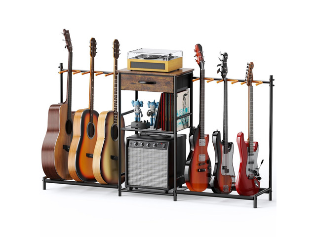 Guitar Stands Floor with 6 Guitar Holders, 3-Tier Guitar Stand Multiple Guitars, Guitar Rack with Amp Stand & Cloth Drawer, Multi Guitar Stand for...