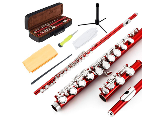 Closed Hole Flutes C 16 Key for Beginner, Kids, Student -Nickel Flute with Case Stand and Cleaning kit (Red)