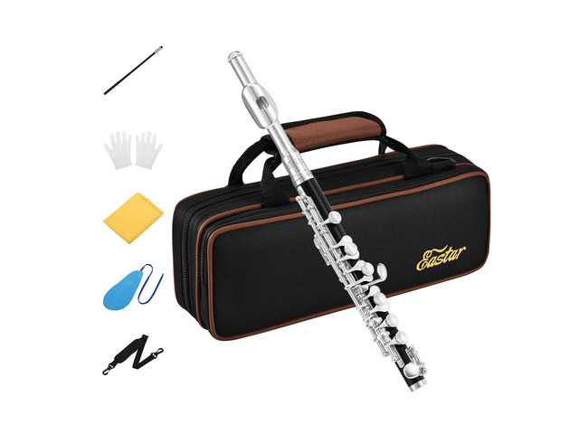 Piccolo Instrument for Beginners Students, Key of C Flute, Resin, Hard Case, Cleaning Kit, Gloves, 2-Piece, Black, EPC-3S