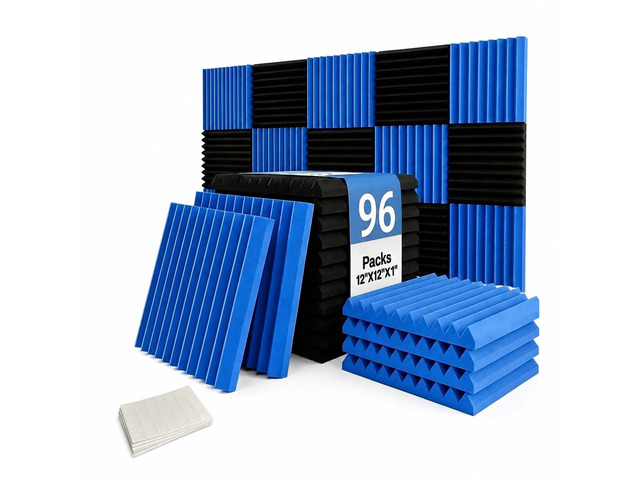96 Pack Blue/black Absorb the echo Acoustic Foam Panel Wedge Studio Soundproofing Wall Tiles 12' X 12' X 1'(Accompanied By Double-Sided Adhesive Tape)