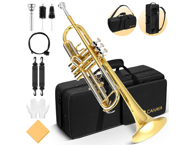 Bb Trumpet Instrument Brass Student Trumpet Trompeta Set Gold Includes hard case, 7C mouthpiece & gloves. Standard brass trumpet instrument for...