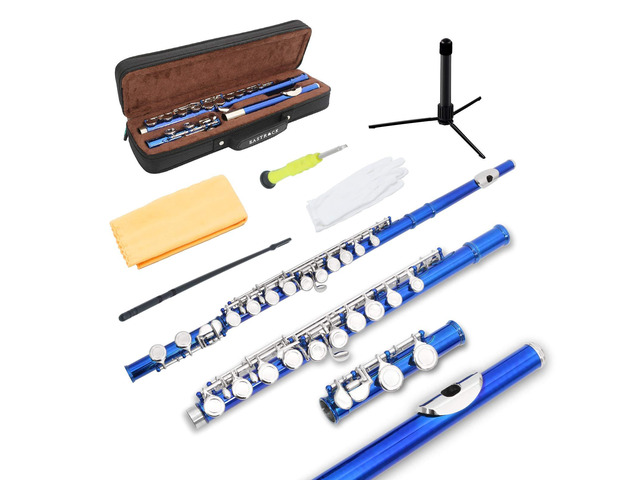 Closed Hole Flutes C 16 Key for Beginner, Kids, Student -Silver Nickel Flute with Case Stand and Cleaning kit (Blue)