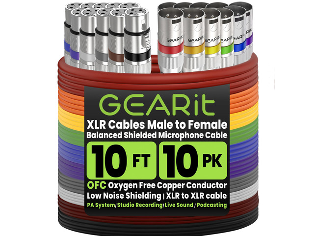 XLR Cables 10ft 10 Pack, Microphone Cable XLR Male to Female, Balanced Shielded Mic Cable with Copper Conductors for Recording Studio, Podcast,...