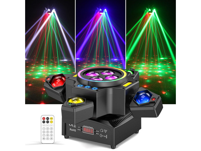 Moving Head DJ Lights,120W Party Light 4 Arm RGBW 4-in-1 Bee-Eyes Beam/Wash/Red Green Starry Sky Golden Strobe Halo Ring Effect...