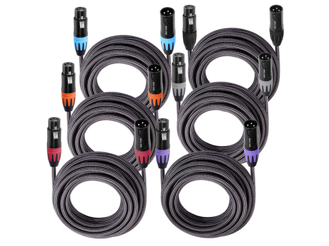 XLR Mic Cable 25 ft 6-Pack, Braided 3-Pin Male to Female Balanced Audio, Dual Shielded, Flexible Braided Jacket, Studio and Live Sound