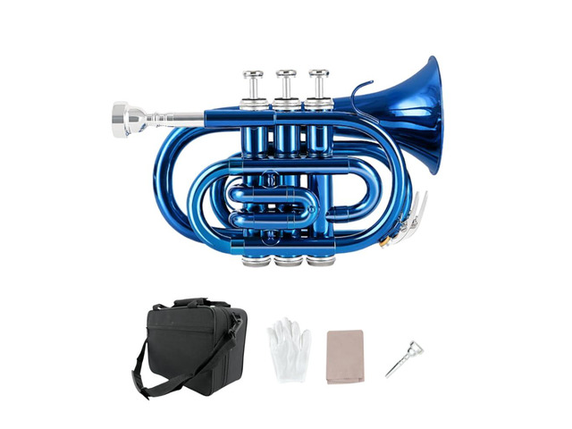 Bb Pocket Trumpet Mini Brass Instrument for Beginners, Gold Lacquer Finish with 7C Mouthpiece & Case, Ideal for Travel Marching Band Practice (Blue)