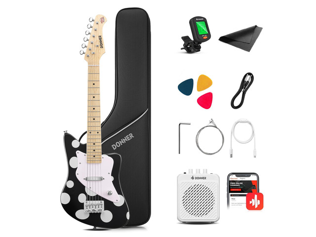 30 Inch Kids Electric Guitar Beginner Kit (Polka Dot) Short Scale Starter Pack for Boys & Girls, with Mini Amp, Strap, Picks, Turner, Clear Sound...