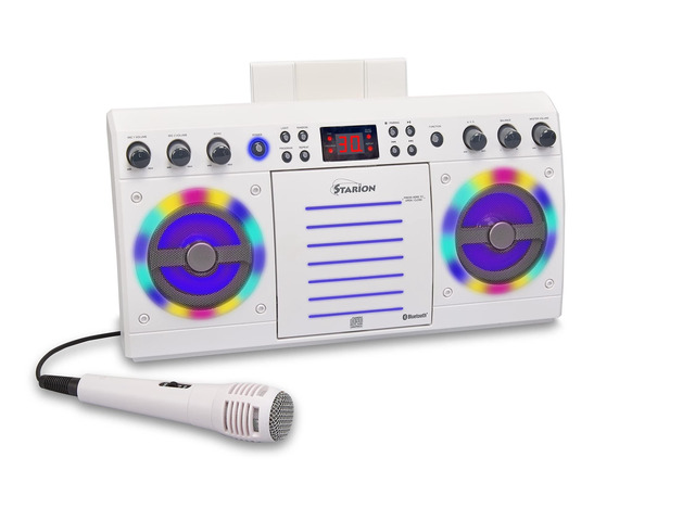 KS303W-B Portable Bluetooth/CD+G Karaoke Machine - White l Built-in Stereo Speakers l Detachable Tablet Holder l Multi-Color Light Effects l...