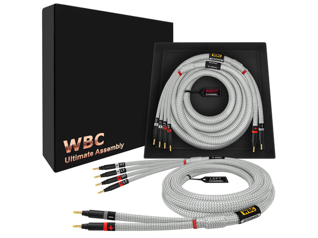 15 Foot Ultimate - 9 AWG - Ultra-Pure OFC - Premium Audiophile HiFi Bi-Wire Speaker Cable Pair with Eminence Gold Banana Plugs & Silver Tweed Jacket