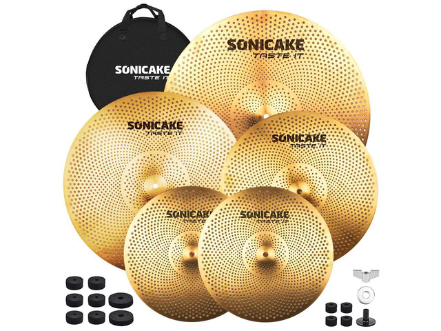 Low Volume Cymbal Pack Quiet Cymbal Set 14'Hi-hats+16'Crash+18'Crash+20'Ride 5 Pcs Mute Drum Cymbal Set with Bag and Felts for Practice, Golden