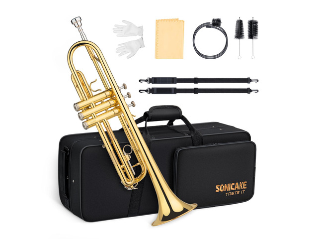 Bb Standard Trumpet, Student Trumpet Set for Beginner, Brass Trumpet Instrument with Hard Case, Cleaning Kit, 7C Mouthpiece and Gloves, Ideal Gift...