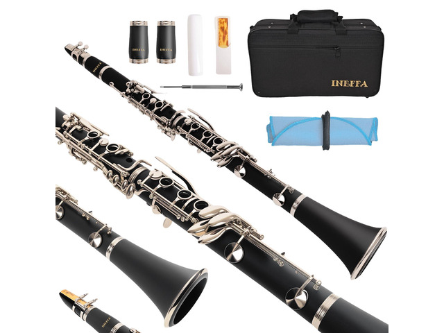 Bb Clarinet for Beginners, Professional Black Wood Clarinet with Hard Case, Cleaning Cloth, and Fingering Chart, Reeds, for Students & Adults (ABS)