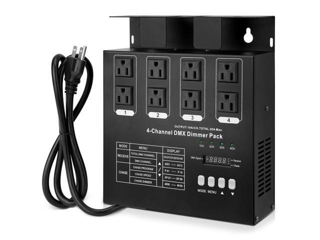 DMX 4-Channel Dimmer Pack with DMX512 Protocol Compatible with High-Voltage Halogen and LED Bulbs, 20A Max, Silicon Box for Stage Lighting Control
