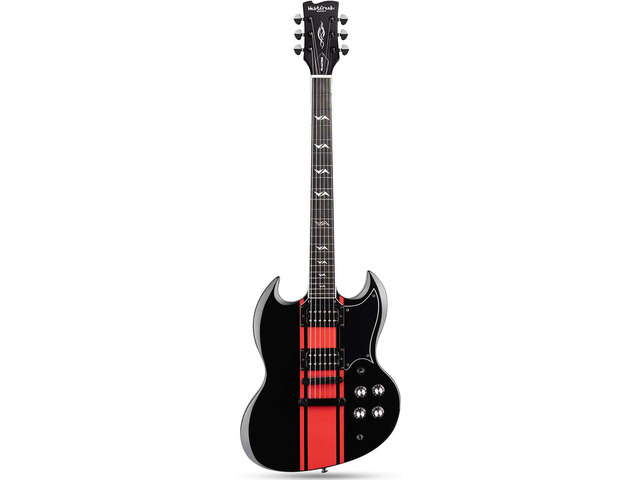 WestCreek RACER Solid Body Electric Guitar Rounded End Frets, Bone nut, Rosewood Fingerboard, Mahogany Body (Black-Red Stripe)