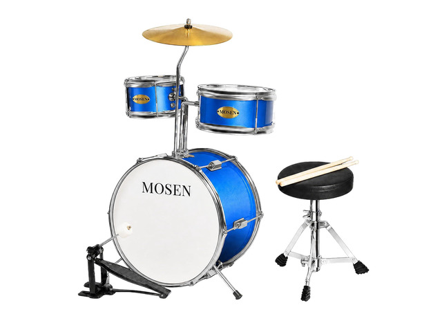MOSEN 3 drums & 1 cymbal 14' Youth Drum Kit with Throne, Cymbal & Sticks Blue Bass & Tom & Snare, Adjustable Stool, Pedal Sturdy Hardware, for...