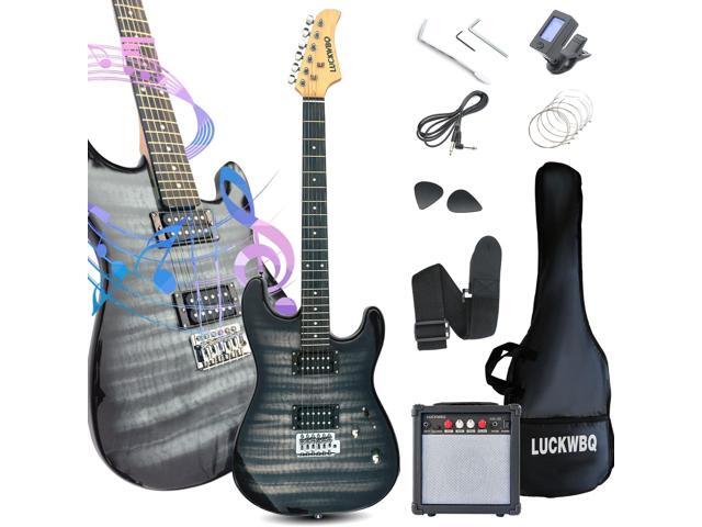 39' Full Size ST Style Electric Guitar Starter Kit with HH Pickup, 20W Portable Amp, Tuner, Gig Bag, Strap & Accessories (Black Flame)