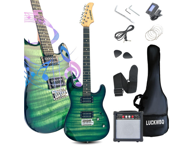 39' Full Size ST Style Electric Guitar Starter Kit with HH Pickup, 20W Portable Amp, Tuner, Gig Bag, Strap & Accessories(Green Flame)