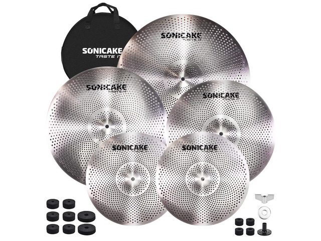 Low Volume Cymbal Pack Quiet Cymbal Set 14'Hi-hats+16'Crash+18'Crash+20'Ride 5 Pcs Mute Drum Cymbal Set with Bag and Felts for Practice, Sliver