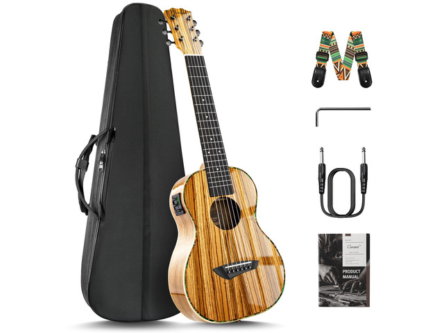 6 String CB103G 30 In Glossy Zebra Wood Acoustic Electric Ukulele Guitalele with Truss Rod with Padded Gig Bag, Strap