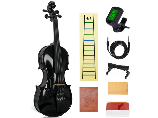 Electric/Acoustic Violin with Ebony Accessories with Carrying Case, Violin Bow, Bridge, Shoulder Rest, Stickers, Tuner, Instruction, Handcraft with...