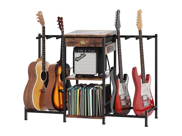 6 Guitar Stand with Charging Station, Amp Stand & Vinyl Record Storage Multi guitar rack, 3-tier shelves, Drawer, Rubber Protected for Acoustic,...