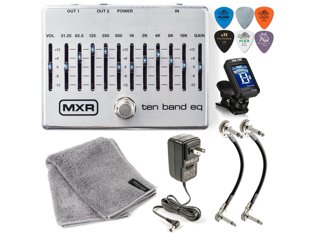 MXR M108S Ten Band EQ Dual Output True Bypass Effects Pedal 10-BAND Equalizer w/ ECB004, Patch Cable, Picks, Polishing Cloth Bundle