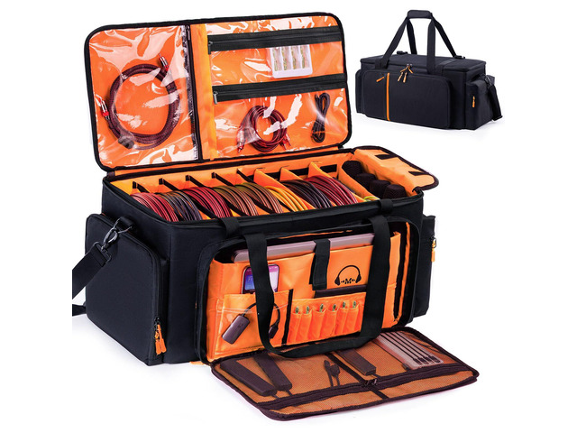 DJ Cable Bag, Large DJ Equipment Bag with 5 Cable Slots & 3 Removable Dividers, DJ Gig Bag with Laptop Compartment, Microphone &Accessory Pockets...