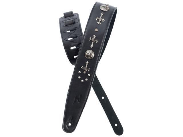 Full Grain Leather Guitar Strap with Foam Padded with Cross Silver Rivets for Electric, Acoustic and Bass Guitars (2.5' Wide, Carbon Black)