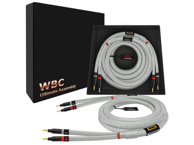 6 Foot Ultimate - 9 AWG - Ultra-Pure OFC - Premium Audiophile HiFi Speaker Cable Pair with Eminence Gold Banana Plugs & Silver Tweed Jacket