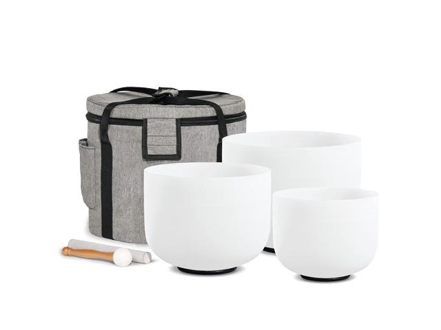 CRYSTAL SINGING BOWLS SET of 3 440HZ 6' A 8' F and 10' C Frosted White Quartz Chakra Bowls Set of 3 with Carry Case Bag for Sound Healing...