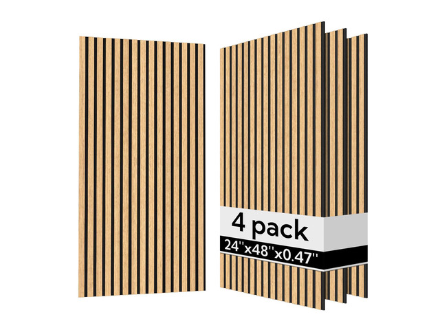 Acoustic Wood Wall Panels 4 Pack, Sound Dampening Wood Slat Wall Panels 23.6' x 47.2', Cool Oak